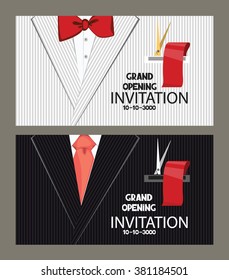 Grand opening cards with the man's suit on the background. Flat vector illustration