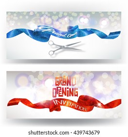 Grand opening cards with red and blue sparkling ribbons and scissors. Vector illustration