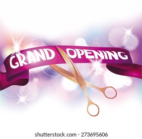 Grand opening cards with scissors,red ribbon and bokeh background