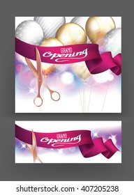 Grand opening cards with scissors,red ribbon and bokeh background