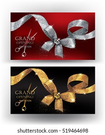 Grand opening cards with sparkling bows and ribbons. Vector illustration
