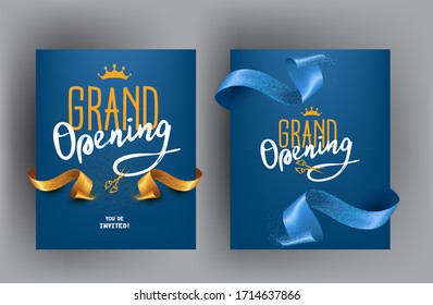 Grand opening cards with sparkling cut ribbons. Vector illustration