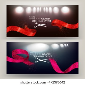 Grand opening cards with  sparkling cut ribbons on the stage spotlights on the dark backgrounds