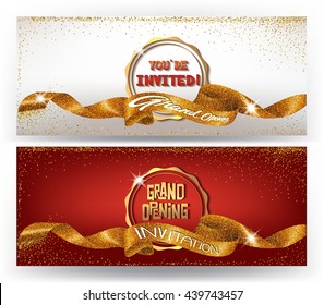 Grand opening cards with sparkling ribbons. Vector illustration