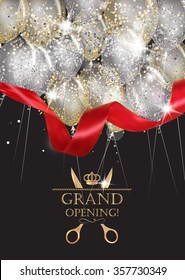 Grand opening cards with transparent air balloons, red ribbon and confetti