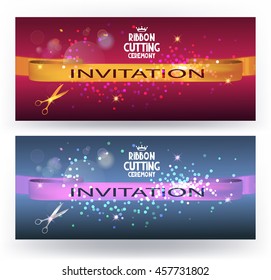 Grand opening cards with, silk ribbons and  scissors. Vector illustration