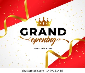grand opening celebration background with golden confetti and crown