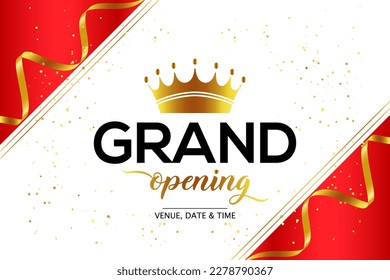 Grand opening celebration background with golden confetti and crown