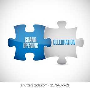 Grand opening celebration puzzle pieces message concept, isolated over a white background