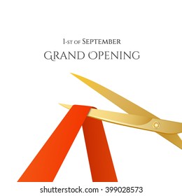 Grand Opening celebrities illustration with gold scissors and red ribbon on white background.