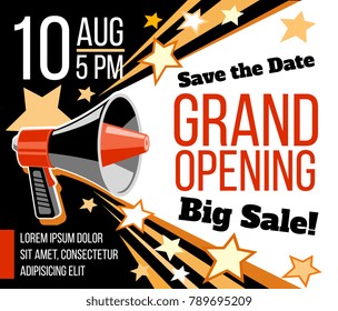 Grand opening ceremonial vector concept with megaphone. Announcement open event invitation illustration