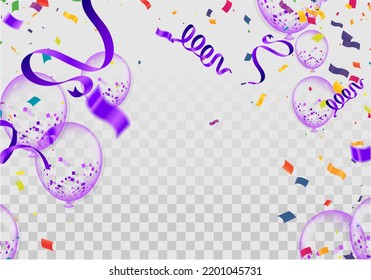 Grand opening ceremony with balloon  purple and confetti, for Retail, Shopping or Black Friday Promotion in style summer festival background with colorful air balloons and garlands. 