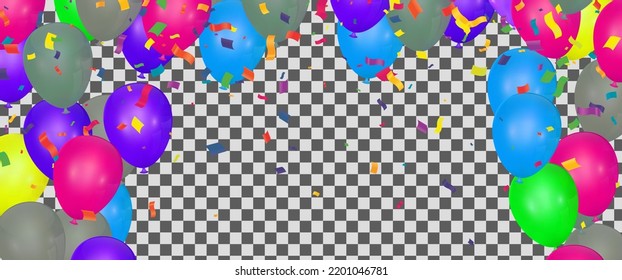 Grand opening ceremony with balloon, variety of colors and confetti, for Retail, Shopping or Black Friday Promotion in style summer festival background with colorful air balloons and garlands. 