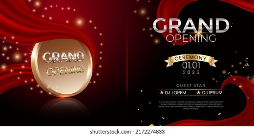 Grand Opening ceremony Banner with red silk, confetti, ribbon cutting and golden glitters