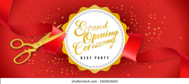 Grand opening ceremony, best party red banner design with text on white circle and gold scissors cutting red ribbon. Template can be used for signs, announcements, posters.