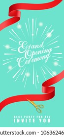 Grand opening ceremony, best party for all, invite you vertical banner design with gold scissors cutting red ribbons on mint background. Lettering can be used for invitations, signs, posters.