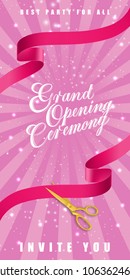 Grand opening ceremony, best party for all, invite you vertical banner design with gold scissors cutting red ribbons on lilac background. Lettering can be used for invitations, signs, posters.
