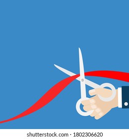 Grand opening ceremony. Businessman hand scissors cut red ribbon. Inauguration. Flat design style. Isolated template. Blue background. Vector illustration