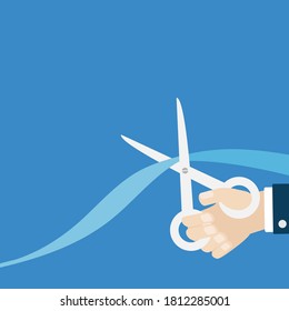Grand opening ceremony. Businessman hand scissors cut the straight ribbon right corner. Inauguration. Flat design style. Isolated template. Blue background. Vector illustration