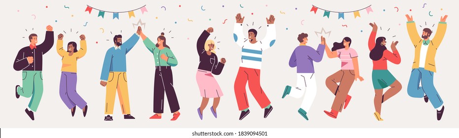 Grand opening ceremony celebration or other big ceremony event concept. Шllustrations of excited happy people celebrating an event. Vector