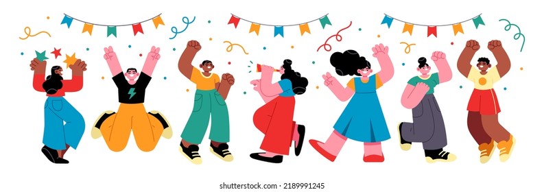 Grand opening ceremony celebration or other big ceremony event concept. Illustrations of excited happy people celebrating an event. Vector illustration