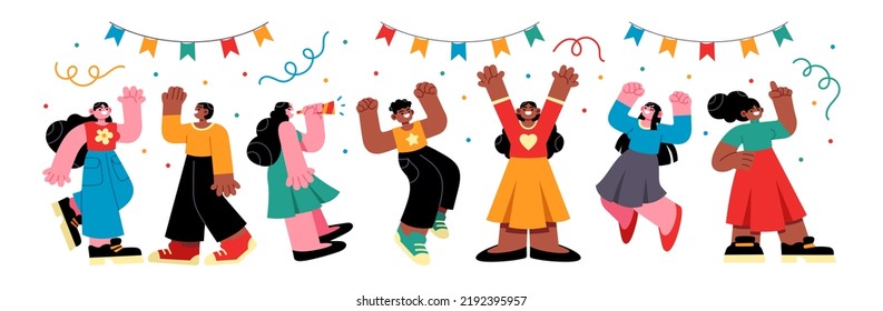 Grand opening ceremony celebration or other big ceremony event concept. Illustrations of excited happy people celebrating an event. Vector illustration