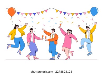 Grand opening ceremony celebration or other big ceremony event concept with confetti and champagne. Outline design style minimal vector illustration for landing page, web banner, hero images.