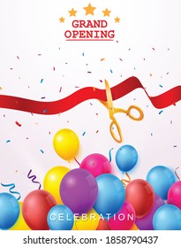 Grand opening ceremony with colorful balloon and confetti