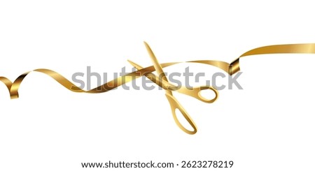 Grand opening ceremony with gold scissors cut ribbon. 3d realistic banner on white background. Traditional ritual of launching new business, inauguration, start up. Vector illustration.