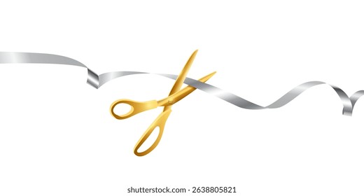 Grand opening ceremony. Golden scissors cutting silver ribbon isolated on white background. Luxury event announcement, stage celebration, or business launch. Realistic vector illustration.