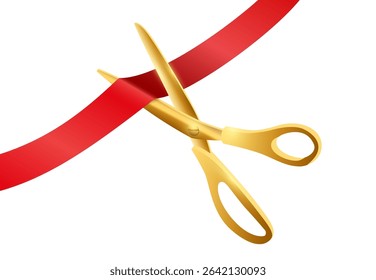 Grand opening ceremony. Golden scissors cutting red ribbon isolated on white background. Luxury event announcement, stage celebration, or business launch. Realistic vector illustration.