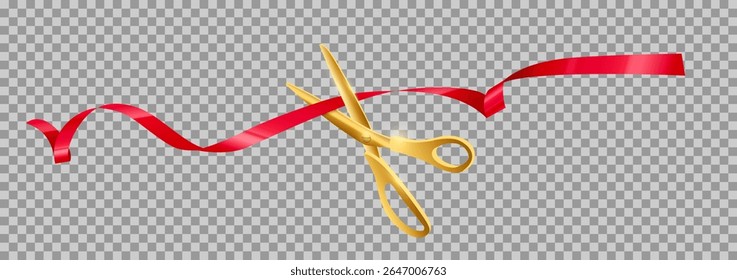 Grand opening ceremony. Golden scissors cutting red ribbon isolated on transparent background. Luxury event announcement, stage celebration, or business launch. Realistic vector illustration.