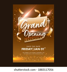 Grand Opening Ceremony Invitation Or Flyer Design With Lights Effect In Bronze Color.