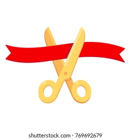 Grand opening ceremony, isolated illustration. Golden scissors cutting red ribbon. Simple cartoon vector style icon.