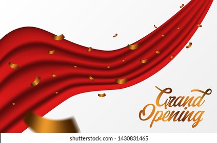 Grand Opening ceremony party banner poster template with golden confetti and red silk luxury ribbon swirl