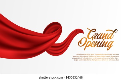 Grand Opening ceremony party banner poster template with golden confetti and red silk luxury ribbon swirl