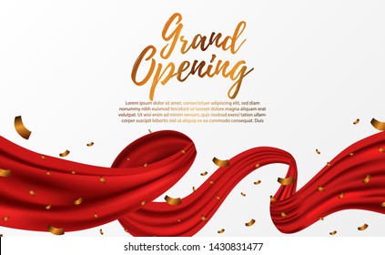 Grand Opening ceremony party banner poster template with golden confetti and red silk luxury ribbon swirl