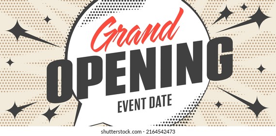 Grand opening. Ceremony party event invitation. Welcome on online shop storefront opening. Promotion banner, commercial flyer or advertising poster template vector illustration
