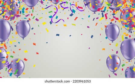 Grand opening ceremony with purple balloon, variety  and confetti, for Retail, Shopping or Black Friday Promotion in style summer festival background with colorful air balloons and garlands. 