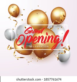 Grand opening ceremony with red balloon, gold and confetti