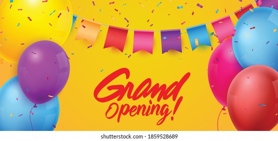 Grand opening ceremony with red balloon, gold and confetti