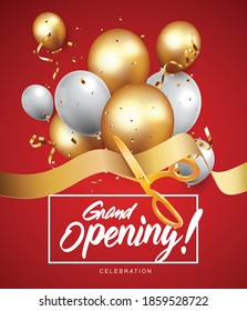 Grand opening ceremony with red balloon, gold and confetti
