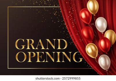 Grand Opening Ceremony Red Curtain Draping Wave Folds Theater Stage Gold Confetti and Balloons. Vector illustration