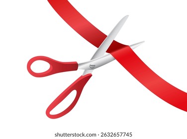 Grand opening ceremony. Red scissors cutting ribbon isolated on white background. Luxury event announcement, stage celebration, or business launch. Realistic vector illustration.