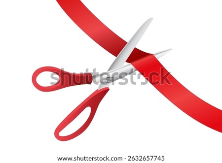 Grand opening ceremony. Red scissors cutting ribbon isolated on white background. Luxury event announcement, stage celebration, or business launch. Realistic vector illustration.