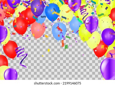 Grand opening ceremony with variety of colors  balloon, purple and confetti, for Retail, Shopping or Black Friday Promotion in style summer festival background with colorful air balloons 