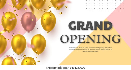 Grand opening ceremony vector banner. Realistic glossy balloons and confetti with 3d text. Opening template.