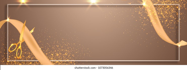 Grand Opening Ceremony, Web Banner Design with Golden Ribbon.