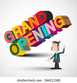 Grand Opening Colorful 3D Title with Man Isolated on White Background