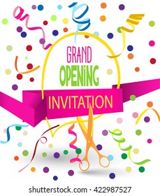 Grand Opening colorful flat vector illustration with paper ribbon, confetti, ticker tapes, and speech bubble